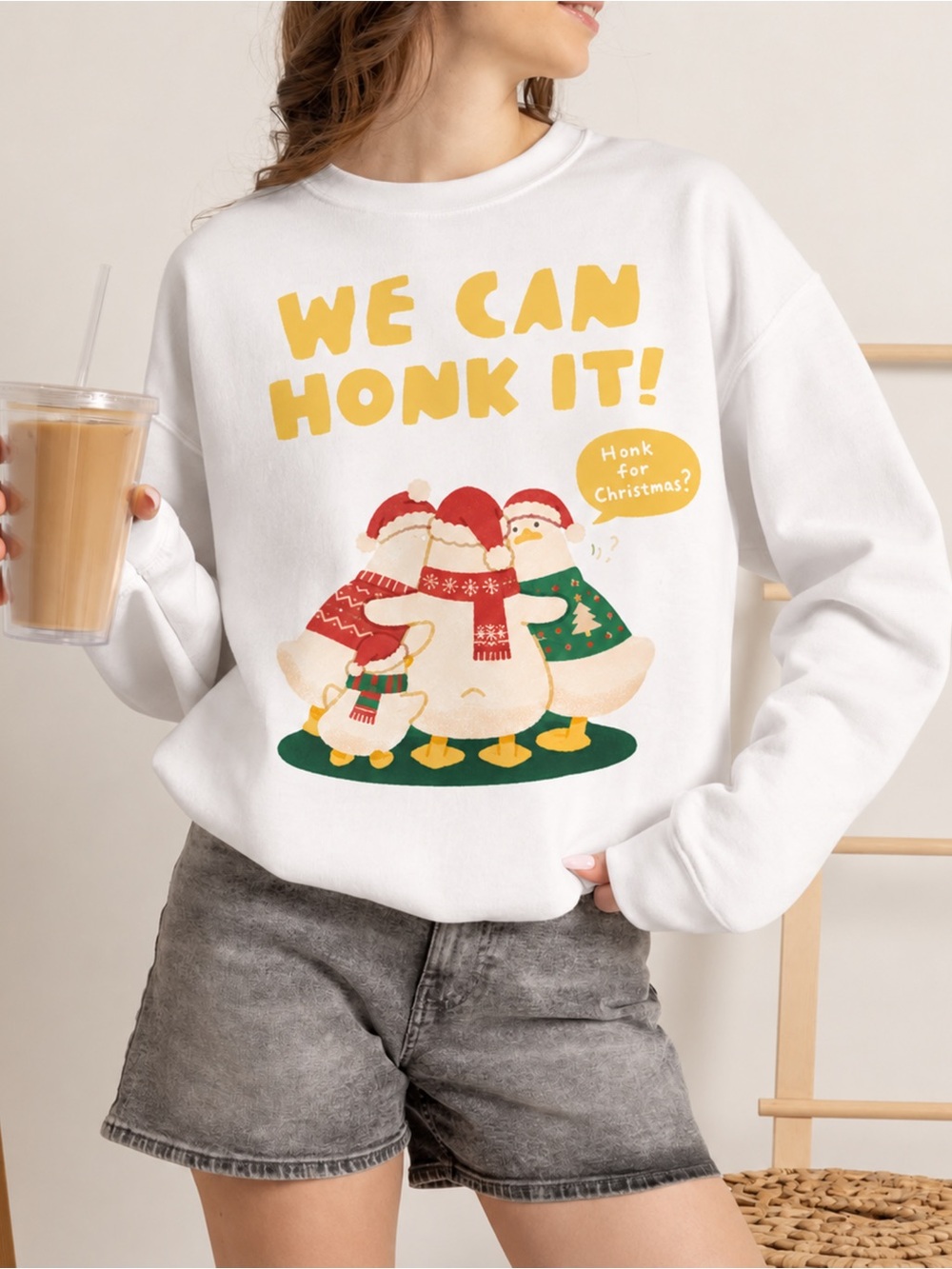 Gildan We Can Honk It Christmas Geese Sweatshirt White Black NWT